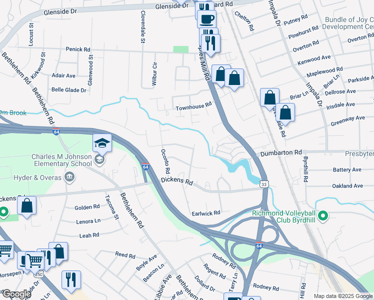 map of restaurants, bars, coffee shops, grocery stores, and more near 5403 Forest Brook Drive in Richmond