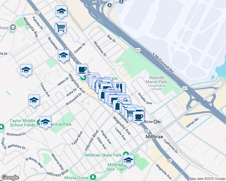 map of restaurants, bars, coffee shops, grocery stores, and more near 30 Hermosa Avenue in Millbrae
