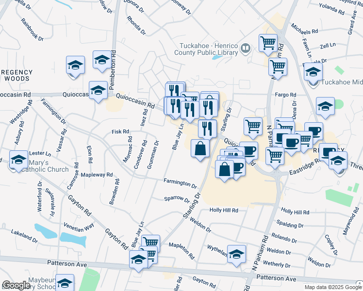 map of restaurants, bars, coffee shops, grocery stores, and more near 1407 Blue Jay Lane in Richmond