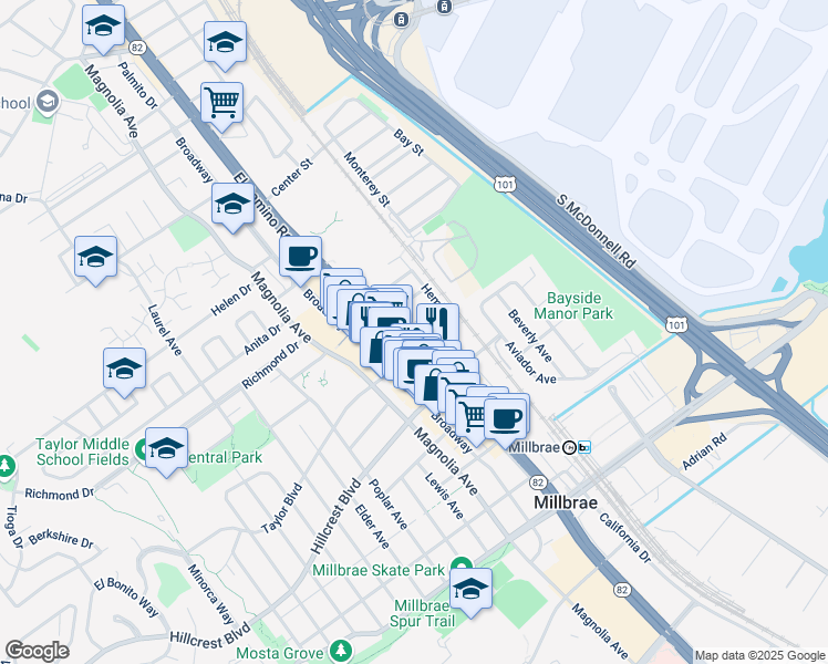 map of restaurants, bars, coffee shops, grocery stores, and more near 450 El Camino Real in Millbrae