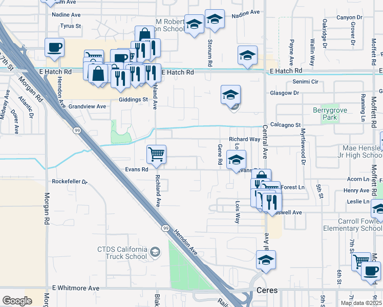 map of restaurants, bars, coffee shops, grocery stores, and more near 1759 Southlawn Drive in Ceres