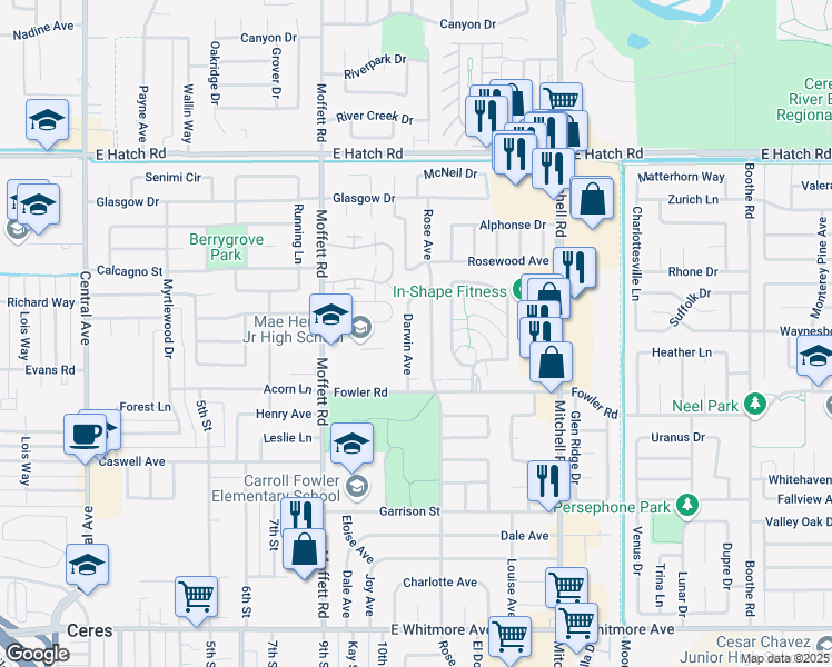 map of restaurants, bars, coffee shops, grocery stores, and more near 1801 Darwin Avenue in Ceres