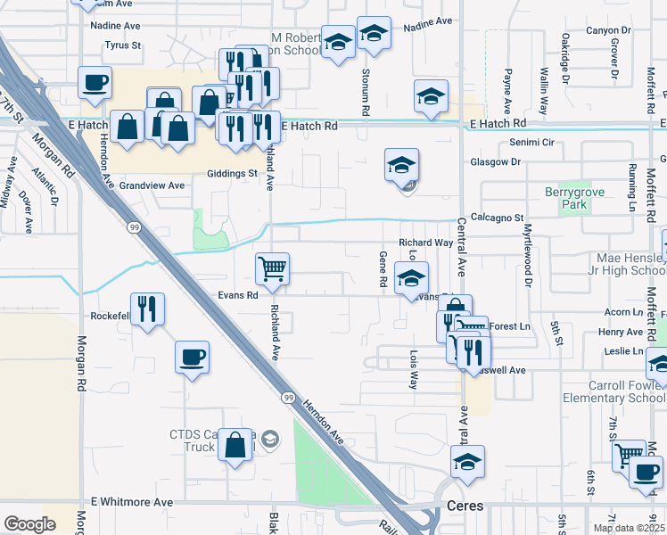 map of restaurants, bars, coffee shops, grocery stores, and more near 1759 Southlawn Drive in Ceres