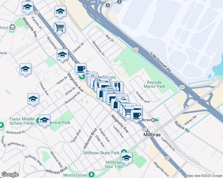 map of restaurants, bars, coffee shops, grocery stores, and more near 450 El Camino Real in Millbrae