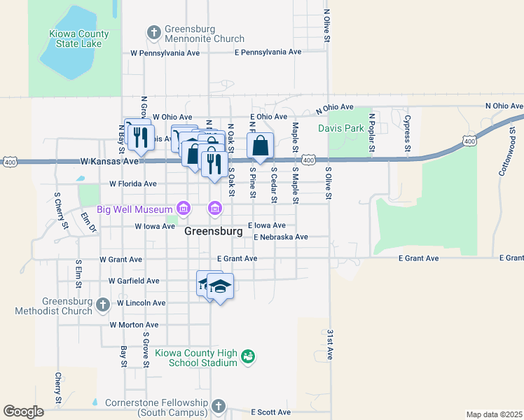map of restaurants, bars, coffee shops, grocery stores, and more near 310 East Iowa Avenue in Greensburg