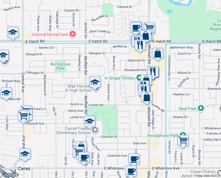 map of restaurants, bars, coffee shops, grocery stores, and more near 1801 Darwin Avenue in Ceres