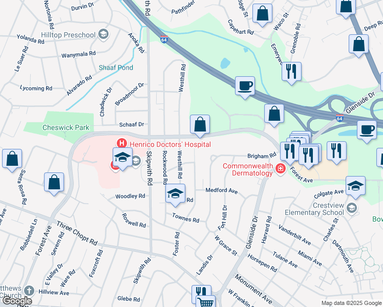 map of restaurants, bars, coffee shops, grocery stores, and more near 1654 Foster Road in Richmond
