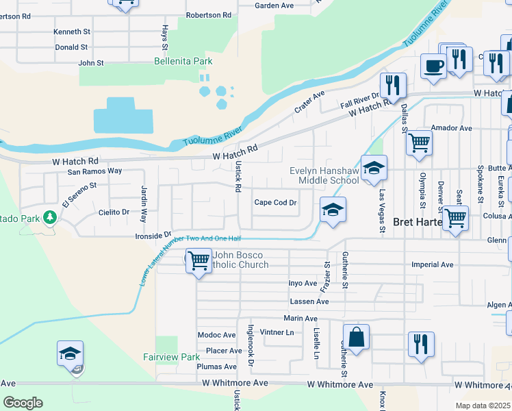 map of restaurants, bars, coffee shops, grocery stores, and more near 1813 Walpole Drive in Modesto