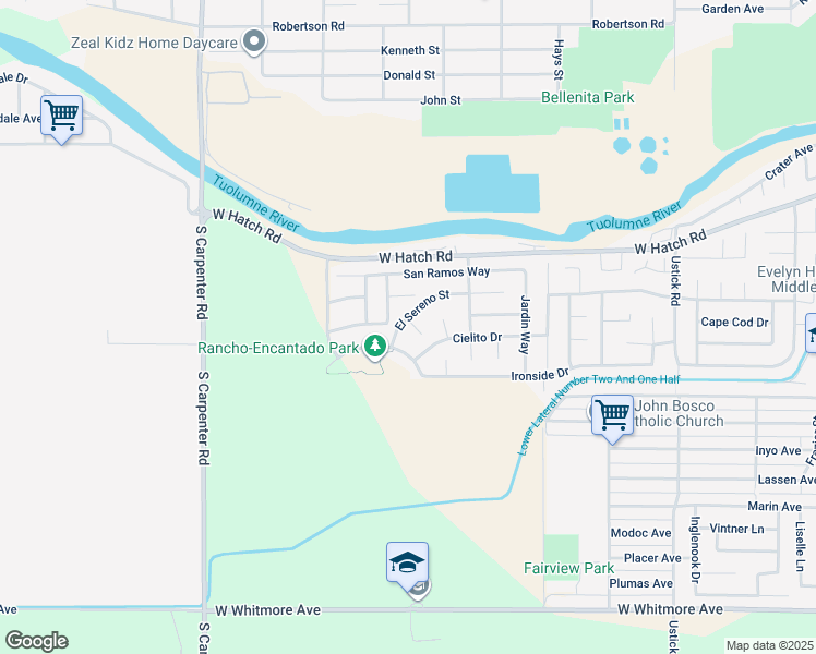 map of restaurants, bars, coffee shops, grocery stores, and more near 1952 El Sereno Street in Modesto