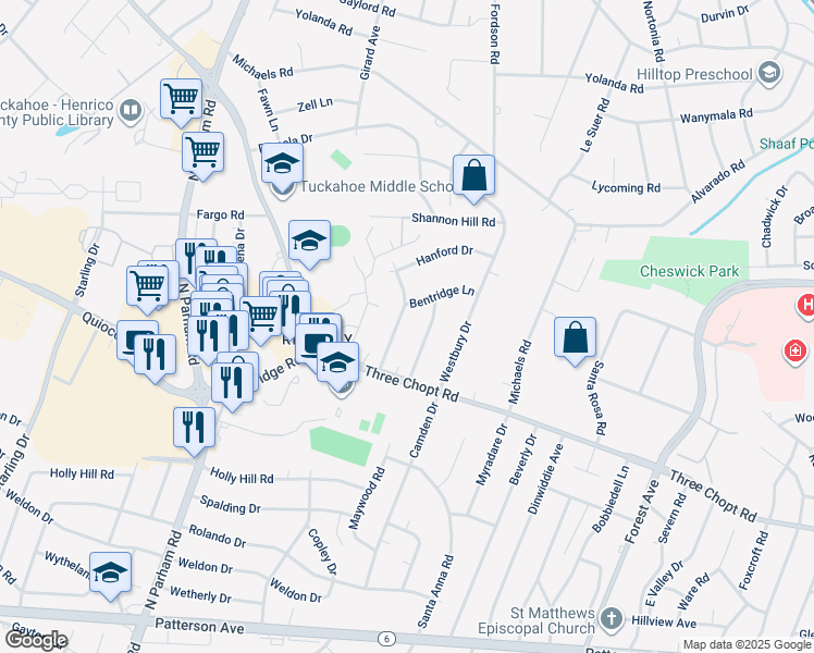 map of restaurants, bars, coffee shops, grocery stores, and more near 1515 Bexhill Road in Richmond