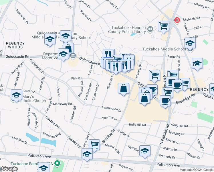 map of restaurants, bars, coffee shops, grocery stores, and more near 1404 Blue Jay Lane in Richmond