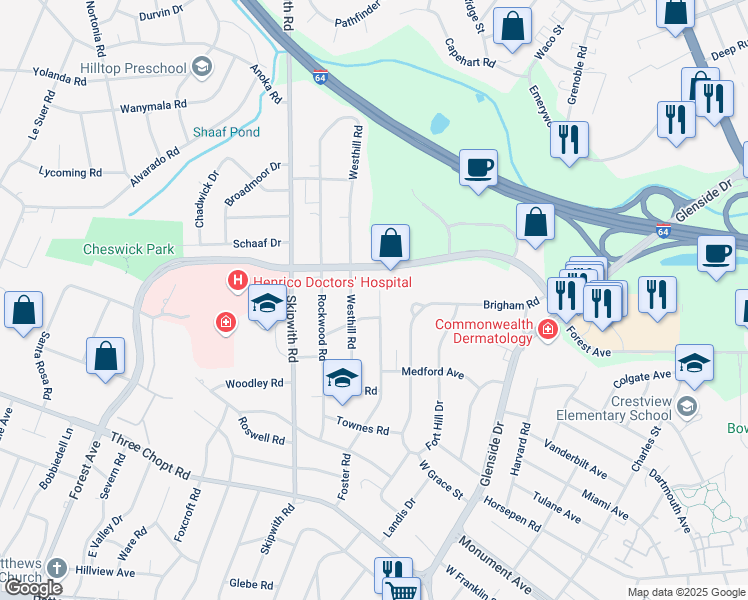 map of restaurants, bars, coffee shops, grocery stores, and more near 1654 Foster Road in Richmond
