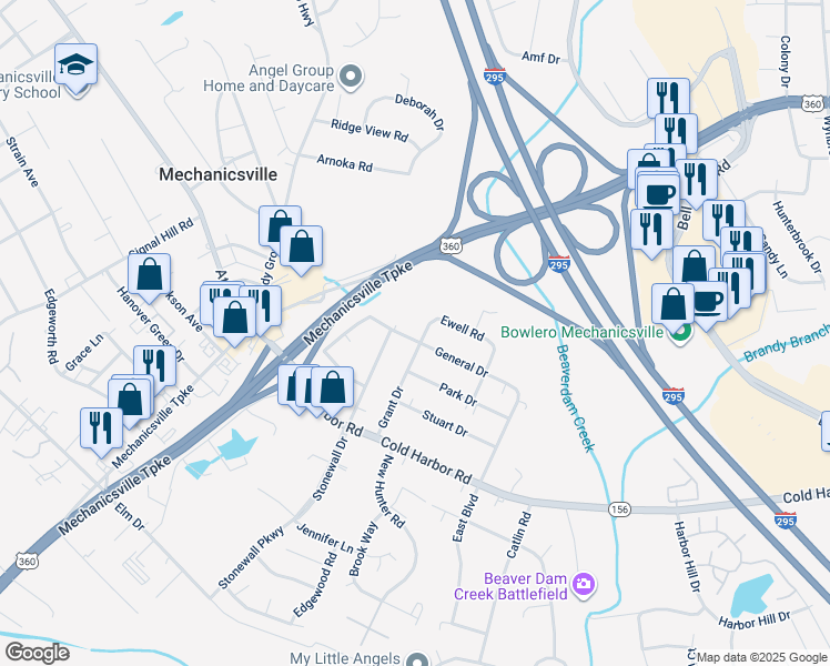 map of restaurants, bars, coffee shops, grocery stores, and more near 7439 General Drive in Mechanicsville