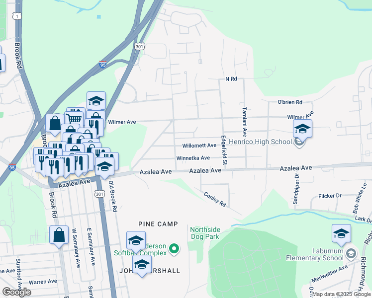 map of restaurants, bars, coffee shops, grocery stores, and more near 625 Willomett Avenue in Richmond