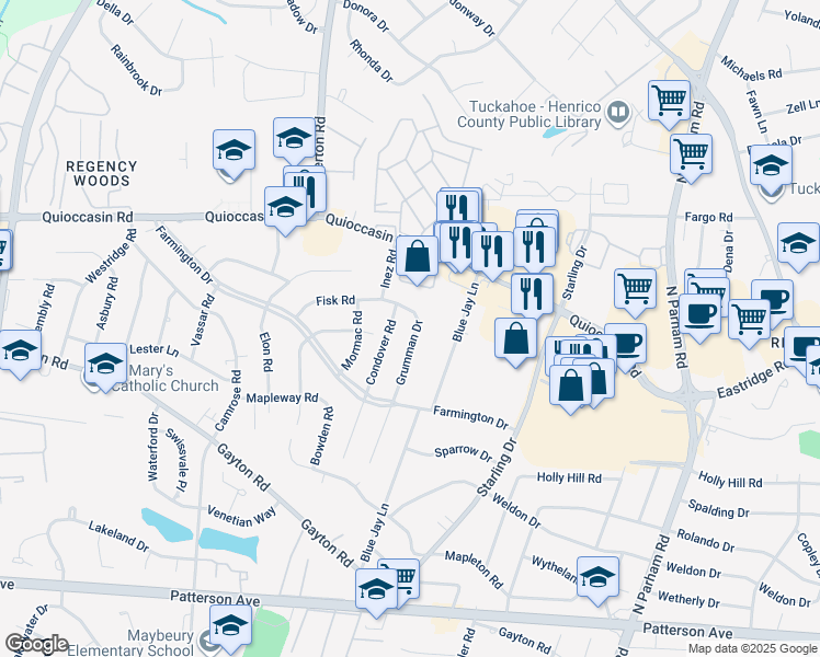 map of restaurants, bars, coffee shops, grocery stores, and more near 1316 Grumman Drive in Richmond