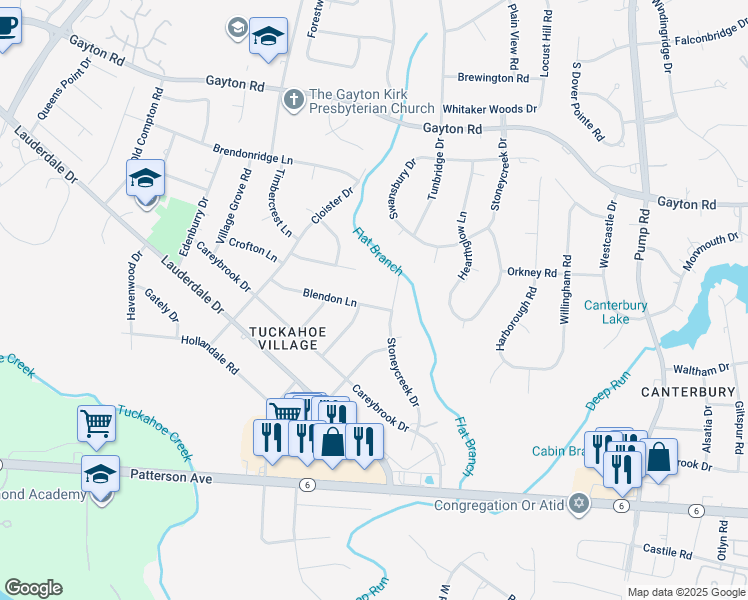 map of restaurants, bars, coffee shops, grocery stores, and more near 11204 Blendon Lane in Richmond