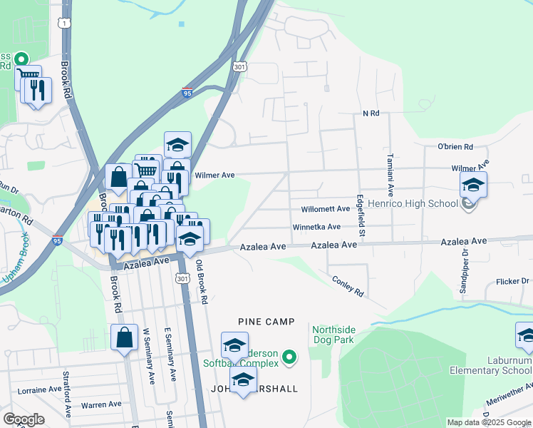 map of restaurants, bars, coffee shops, grocery stores, and more near 815 Willomett Avenue in Richmond