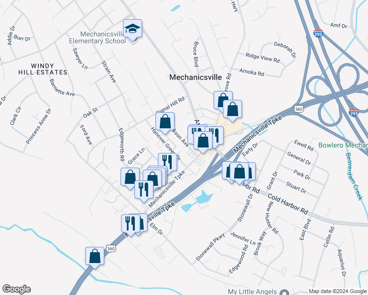 map of restaurants, bars, coffee shops, grocery stores, and more near 7277 Jackson Avenue in Mechanicsville