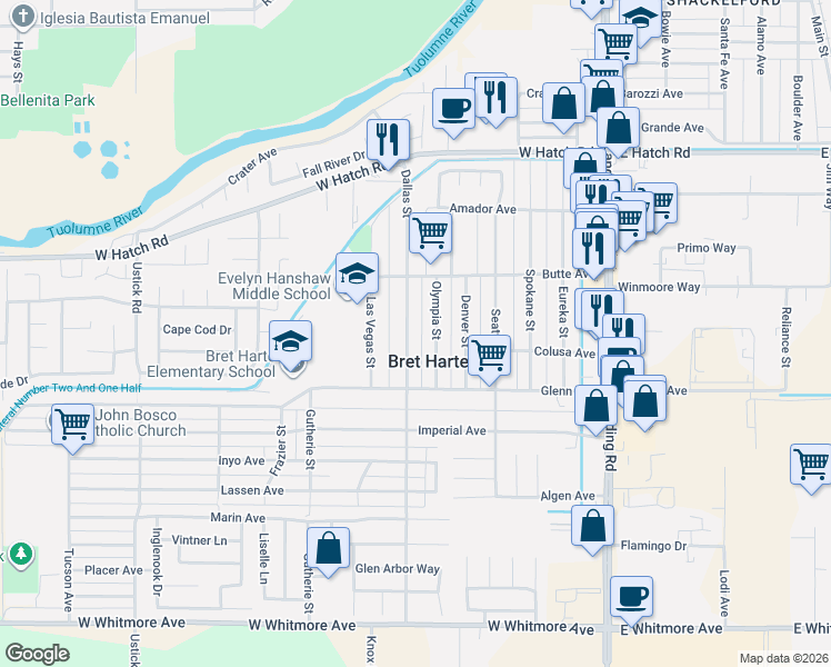 map of restaurants, bars, coffee shops, grocery stores, and more near in Bret Harte