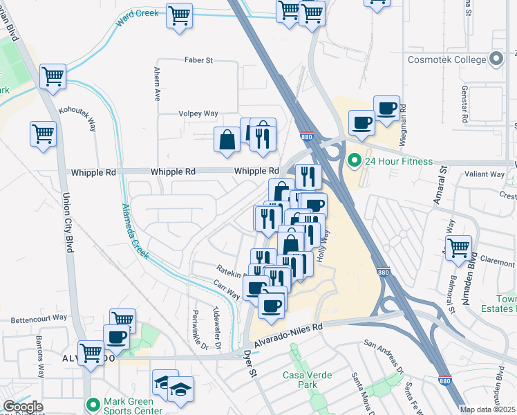map of restaurants, bars, coffee shops, grocery stores, and more near 3004 Flint Street in Union City
