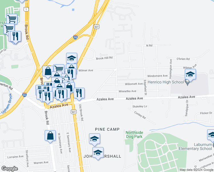 map of restaurants, bars, coffee shops, grocery stores, and more near 815 Willomett Avenue in Richmond