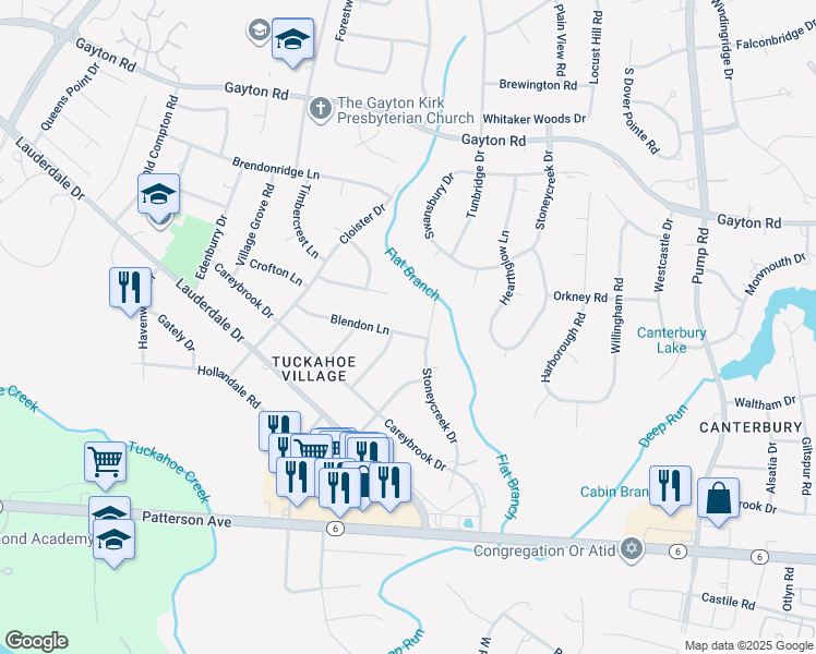 map of restaurants, bars, coffee shops, grocery stores, and more near 11204 Blendon Lane in Richmond