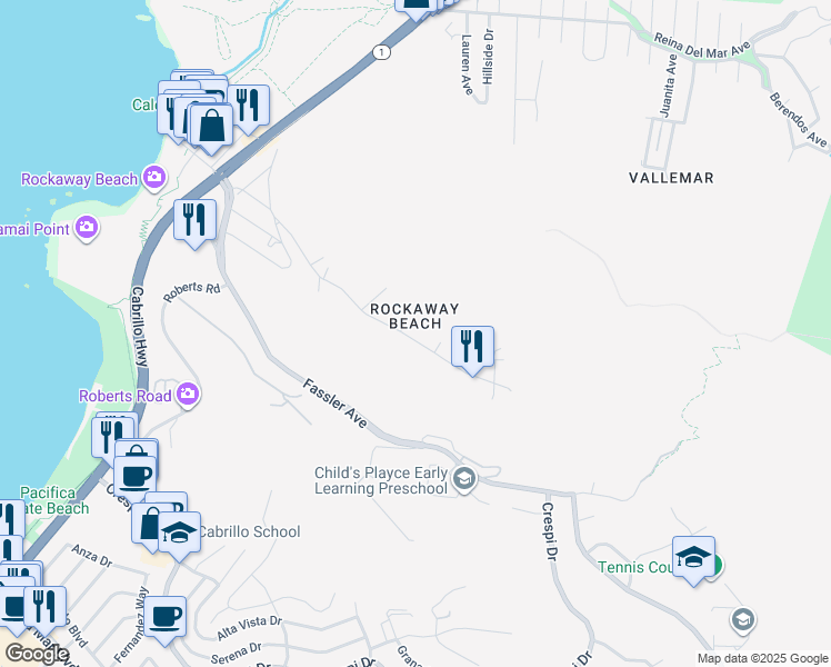 map of restaurants, bars, coffee shops, grocery stores, and more near 759 Rockaway Beach Avenue in Pacifica