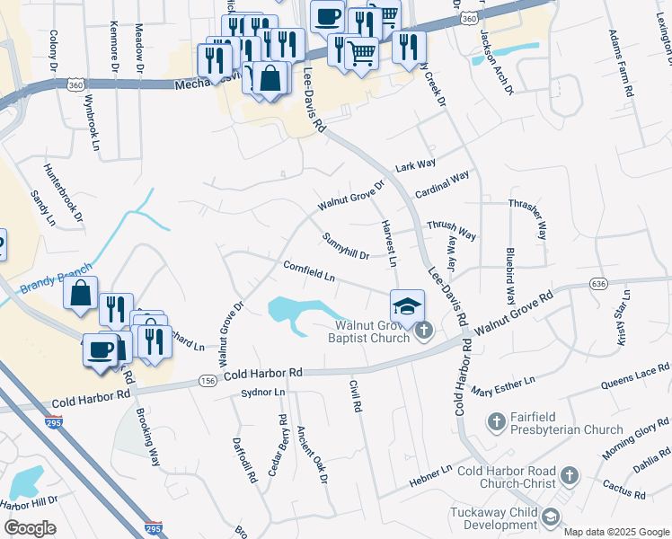 map of restaurants, bars, coffee shops, grocery stores, and more near 7024 Cornfield Lane in Mechanicsville