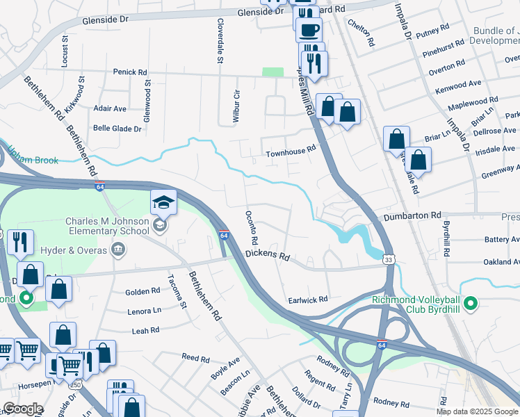 map of restaurants, bars, coffee shops, grocery stores, and more near 5413 Forest Brook Drive in Richmond