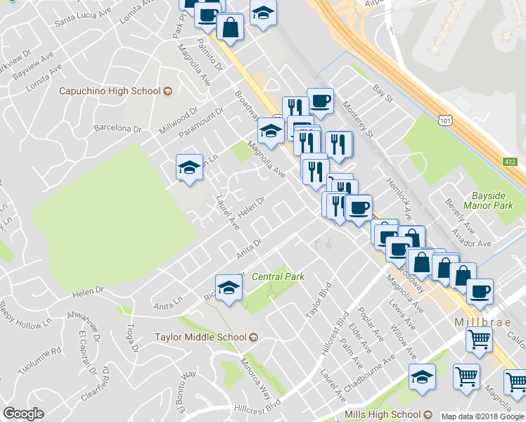 map of restaurants, bars, coffee shops, grocery stores, and more near 12 Dexter Place in Millbrae
