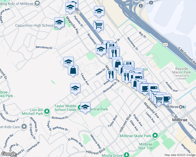 map of restaurants, bars, coffee shops, grocery stores, and more near 12 Dexter Place in Millbrae
