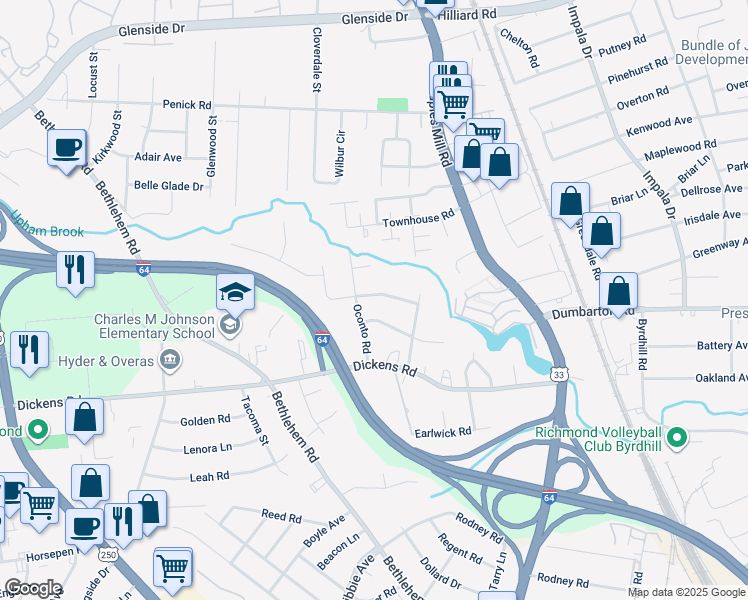 map of restaurants, bars, coffee shops, grocery stores, and more near 5413 Forest Brook Drive in Richmond