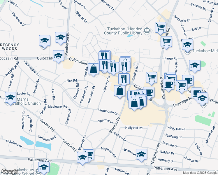 map of restaurants, bars, coffee shops, grocery stores, and more near 1409 Blue Jay Lane in Henrico