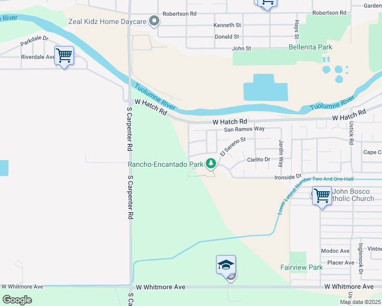 map of restaurants, bars, coffee shops, grocery stores, and more near 2033 Saint Salazar Circle in Modesto