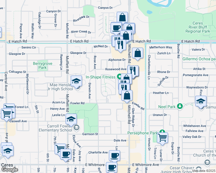 map of restaurants, bars, coffee shops, grocery stores, and more near Pajaro Lane in Ceres