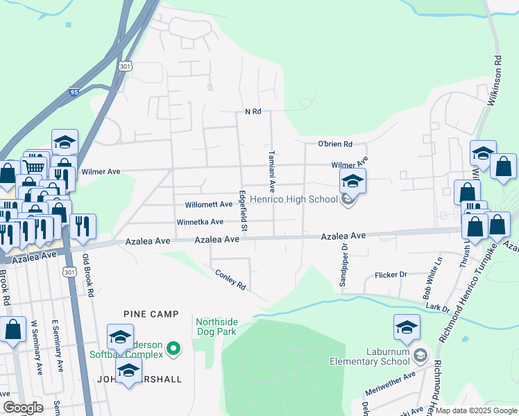 map of restaurants, bars, coffee shops, grocery stores, and more near 507 Willomett Avenue in Richmond
