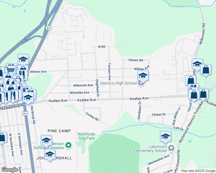 map of restaurants, bars, coffee shops, grocery stores, and more near 501 Willomett Avenue in Richmond