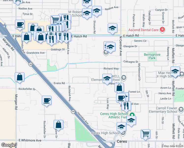 map of restaurants, bars, coffee shops, grocery stores, and more near 1743 Gene Road in Ceres