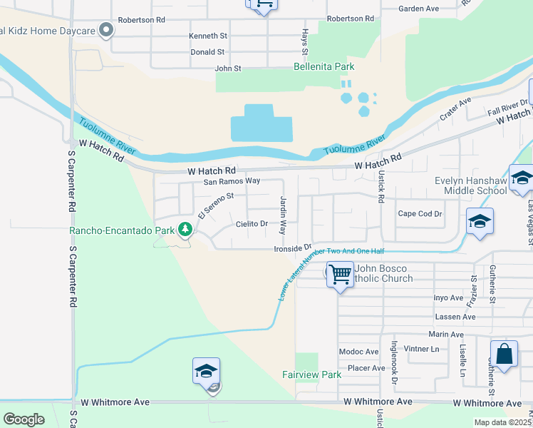 map of restaurants, bars, coffee shops, grocery stores, and more near 1812 Cielito Drive in Modesto