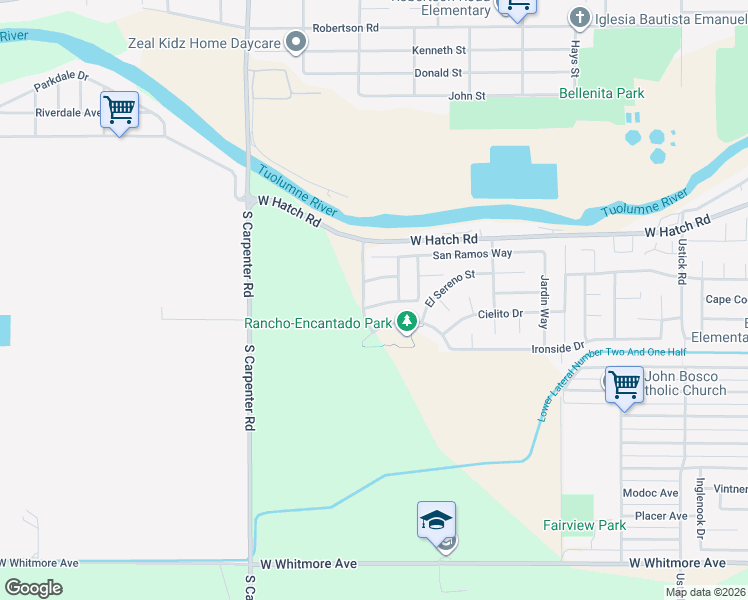 map of restaurants, bars, coffee shops, grocery stores, and more near 2033 Saint Salazar Circle in Modesto