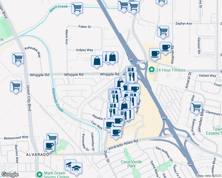map of restaurants, bars, coffee shops, grocery stores, and more near 3004 Flint Street in Union City
