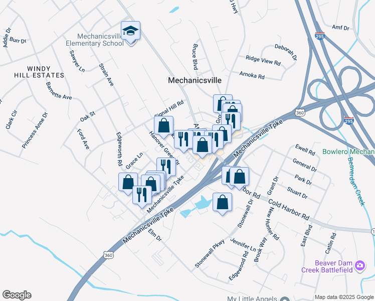 map of restaurants, bars, coffee shops, grocery stores, and more near 8050 Mechanicsville Turnpike in Mechanicsville