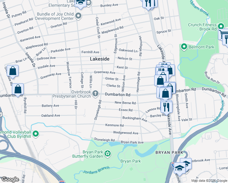 map of restaurants, bars, coffee shops, grocery stores, and more near 2411 Dumbarton Road in Richmond