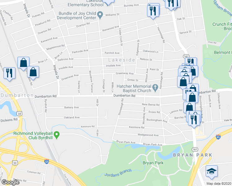 map of restaurants, bars, coffee shops, grocery stores, and more near 2608 Dumbarton Road in Henrico