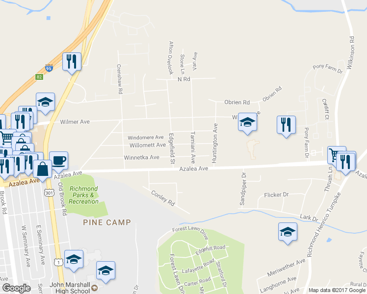 map of restaurants, bars, coffee shops, grocery stores, and more near 507 Willomett Avenue in Richmond