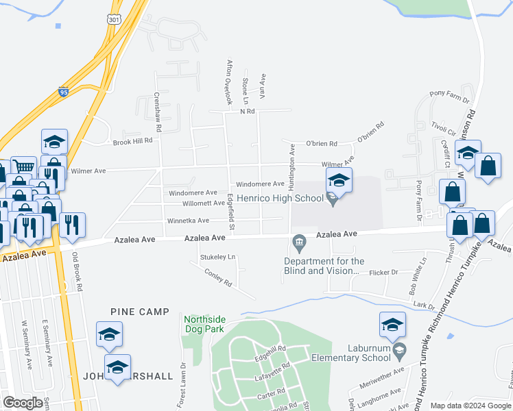 map of restaurants, bars, coffee shops, grocery stores, and more near 501 Willomett Avenue in Richmond