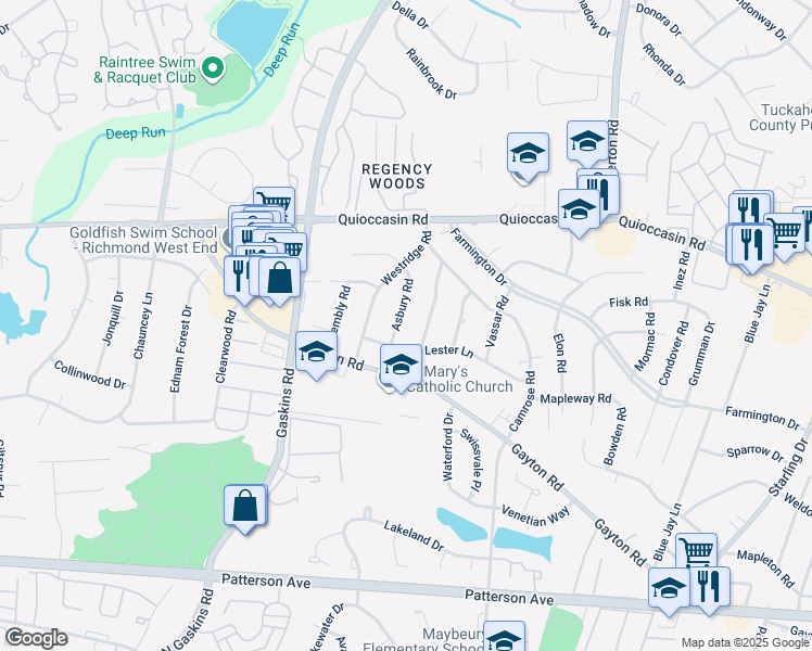 map of restaurants, bars, coffee shops, grocery stores, and more near 1307 Asbury Road in Richmond