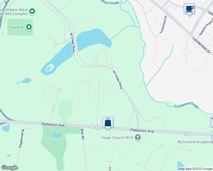 map of restaurants, bars, coffee shops, grocery stores, and more near 12418 Bluffton Ridge Court in Richmond
