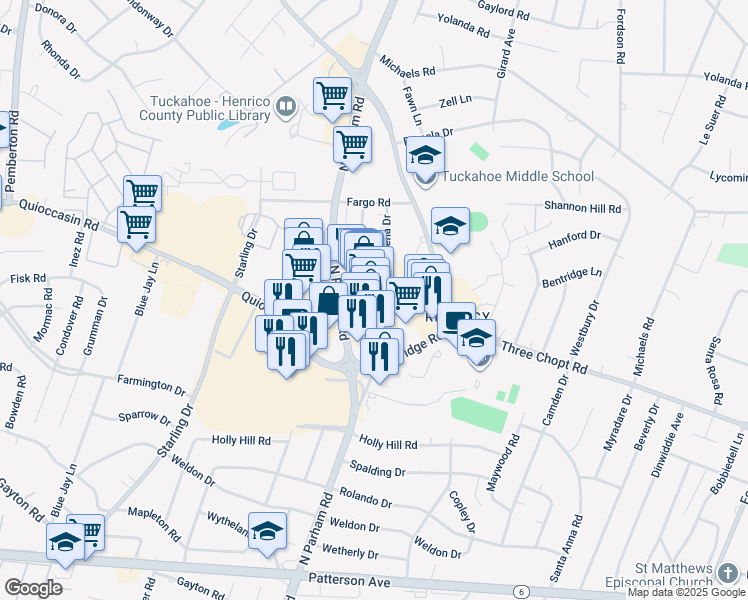map of restaurants, bars, coffee shops, grocery stores, and more near 1523 North Parham Road in Henrico
