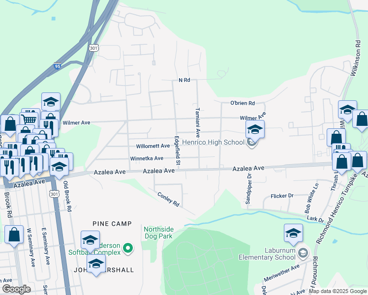 map of restaurants, bars, coffee shops, grocery stores, and more near 511 Willomett Avenue in Richmond